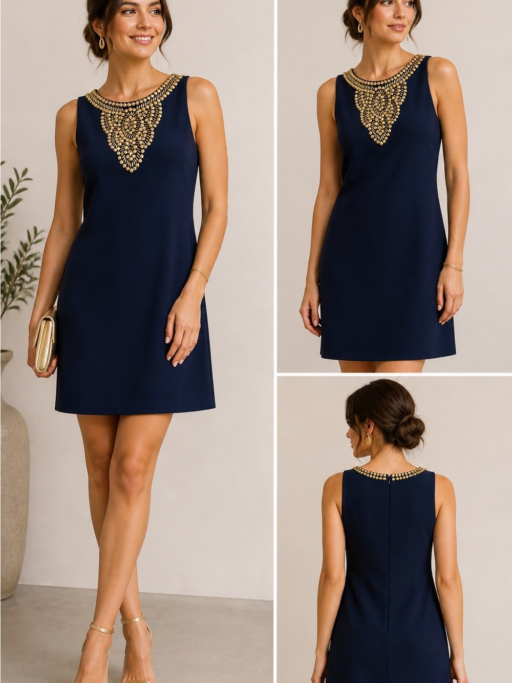 Lilly Pulitzer Navy Embellished Shift Dress Gold Beaded Neckline Cocktail XS